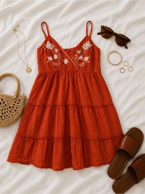 Orange Embroidered Floral Tiered Mini Dress Size Large